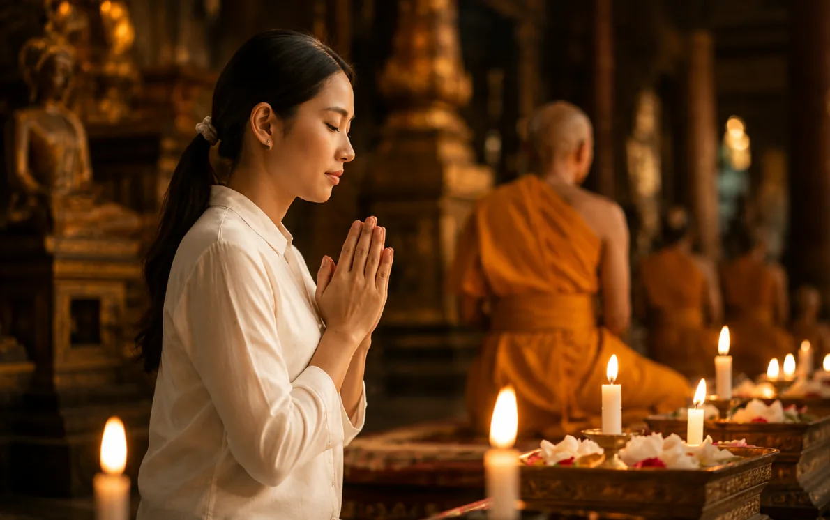 A guest offering prayers by candlelight during a temple ritual